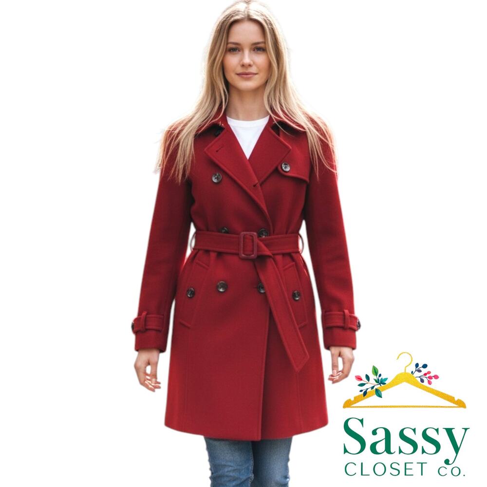 Calvin Klein Red Wool Blend Belted Pea Coat S Double Breasted Trench EUC
